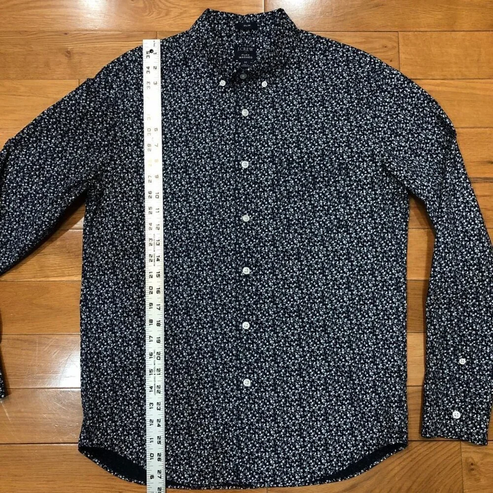 J Crew Slim Flex Washed Navy & White Floral Button Down Shirt Size M